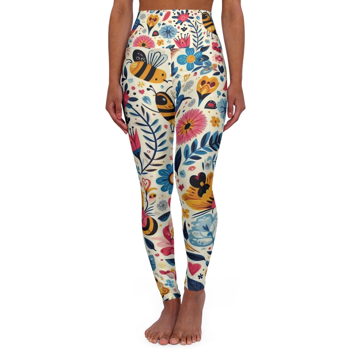 Women's High-Waisted Yoga Leggings—Birds and Bees All Over Print