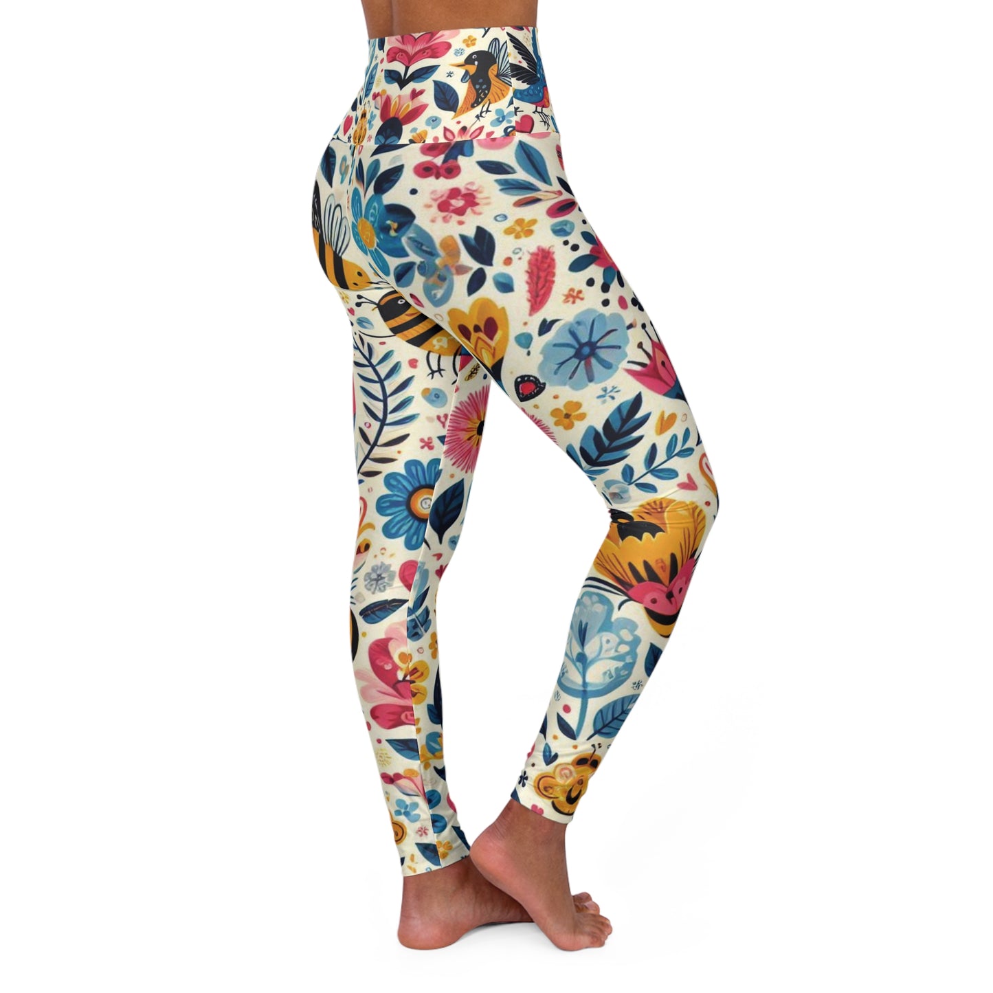 Women's High-Waisted Yoga Leggings—Birds and Bees All Over Print