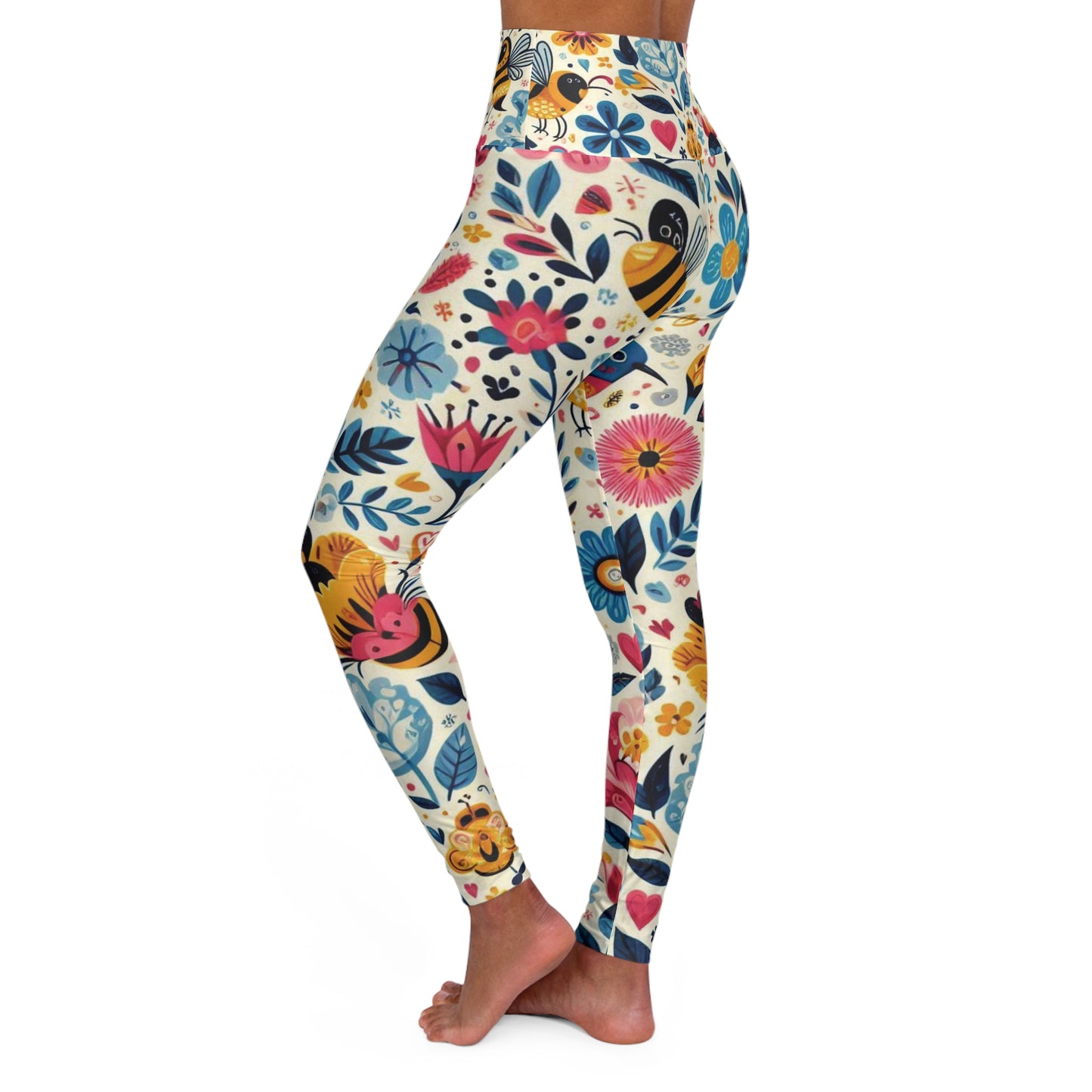 Women's High-Waisted Yoga Leggings—Birds and Bees All Over Print